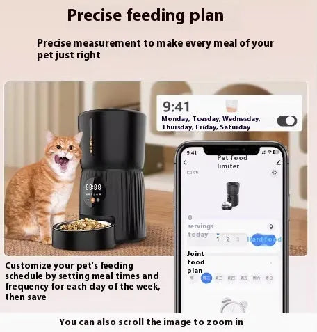 Black automatic pet feeder with digital display and food storage compartment