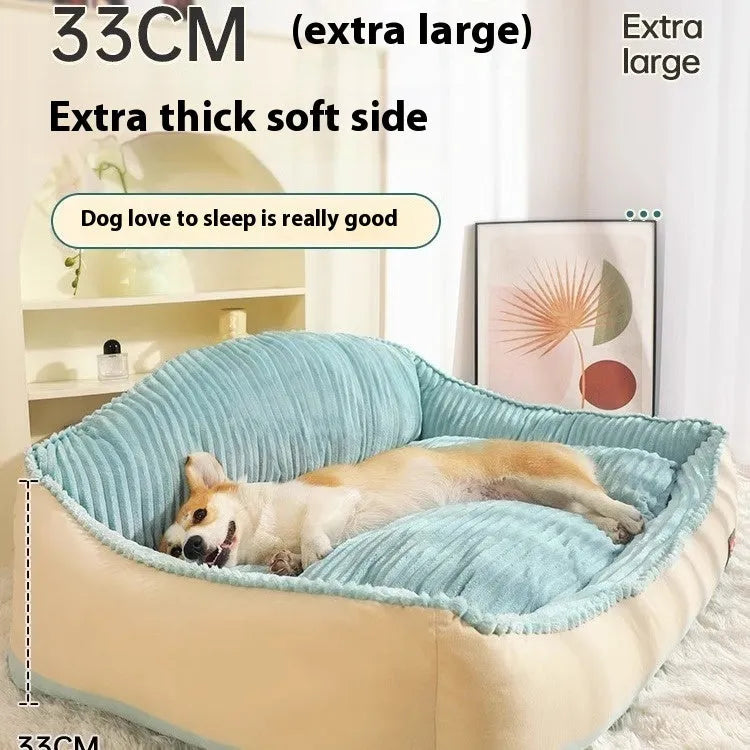 Morandi colour removable lazy sofa dog bed with raised edges, shown in two sizes.