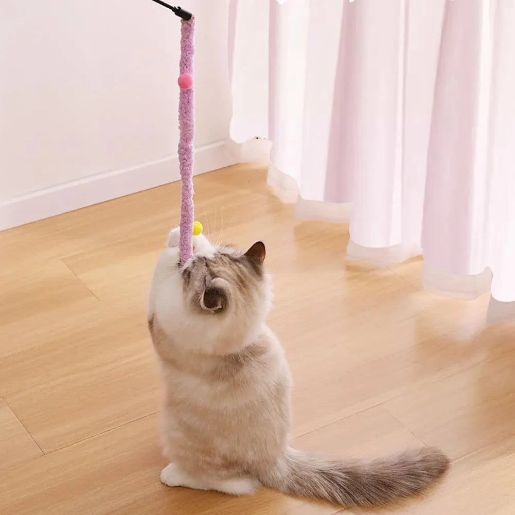 Blue cat teaser wand with plush strip, colourful ball, and bell on 41cm pole