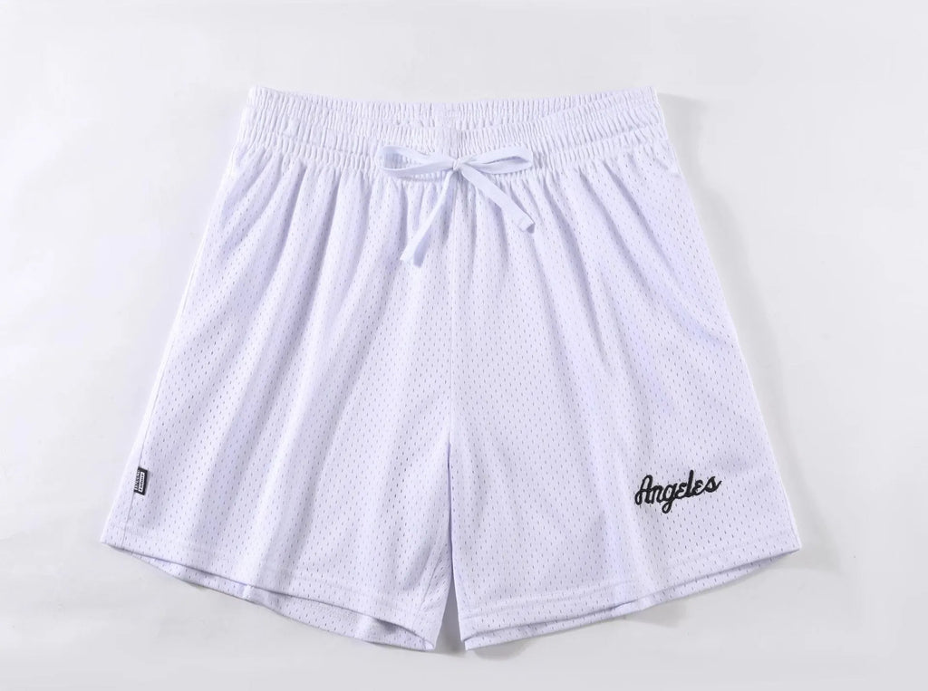 Men's black double-layer mesh sports shorts laid flat, showing mesh panel detail and shorts length.