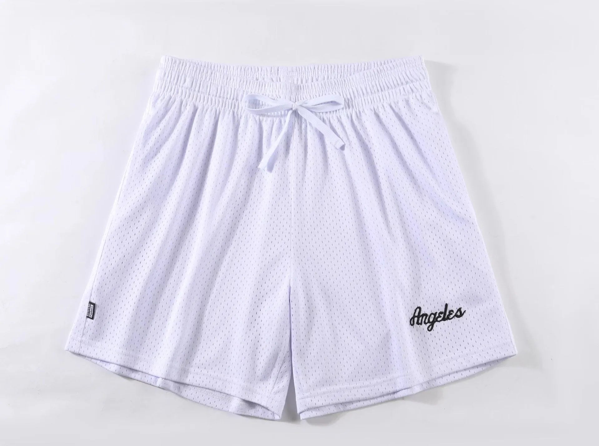 Men's black double-layer mesh sports shorts laid flat, showing mesh panel detail and shorts length.