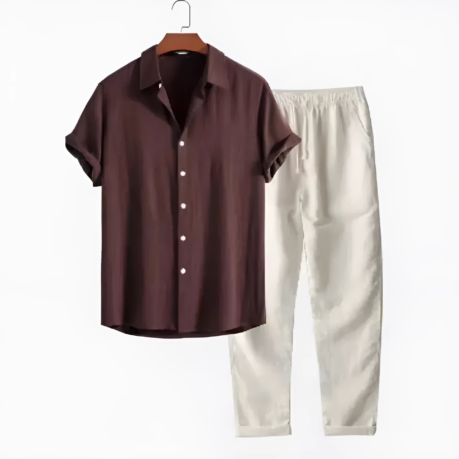 Men's loose fit linen-look casual suit set with short sleeve shirt and trousers