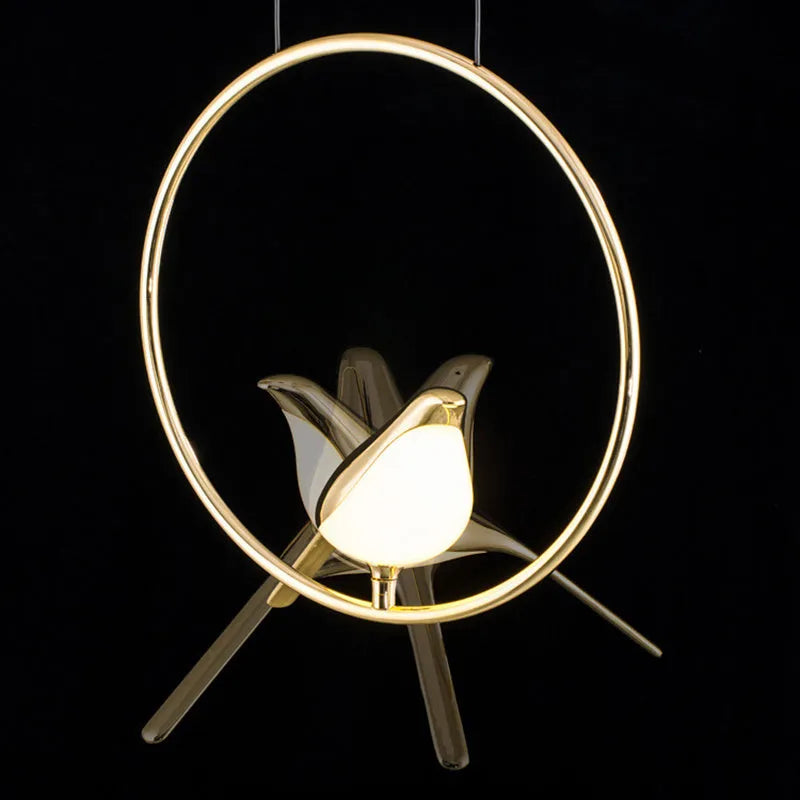 Modern minimalist magpie bird silhouette LED chandelier ceiling light fixture.