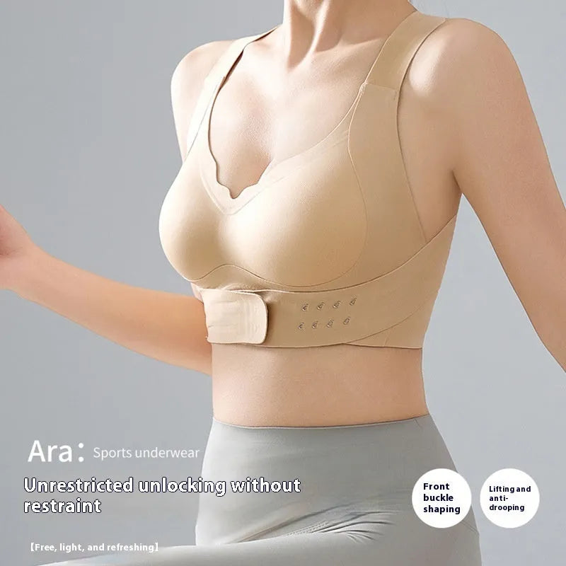 Women's front buckle sports bra with double shoulder straps in black, white and nude colours