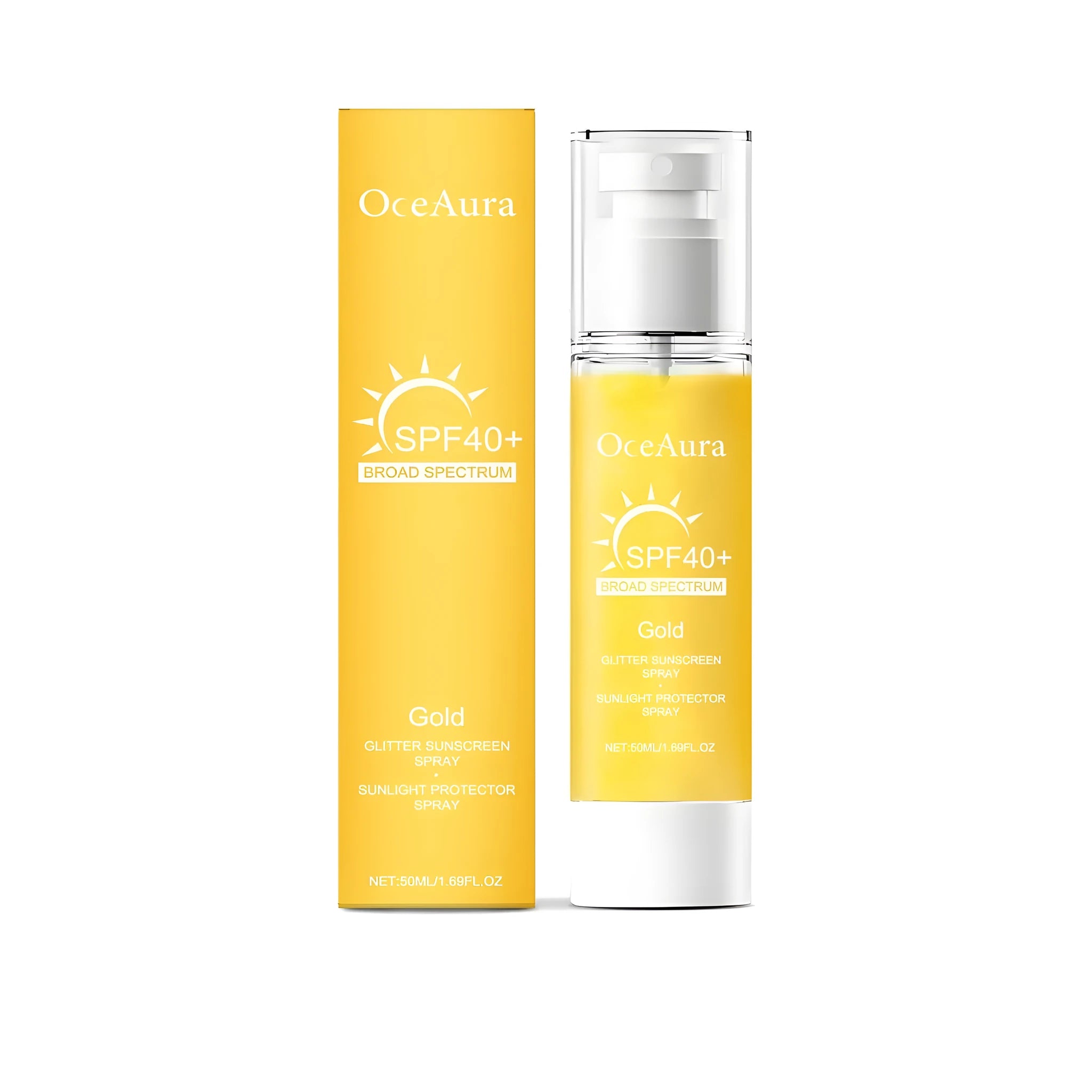 Shiny Sunscreen Spray bottle showing SPF50+ PA++++ rating, 50ml size, with ingredients avocado oil and Luoshen flower seed oil.