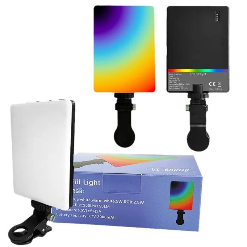 Portable LED fill light with clip attachment for mobile phone photography measuring 10.4 x 7.5 x 12.5 cm