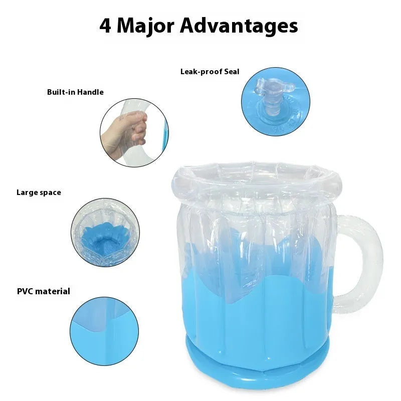 Yellow inflatable PVC ice bucket for chilling beers, shown inflated and ready for use.