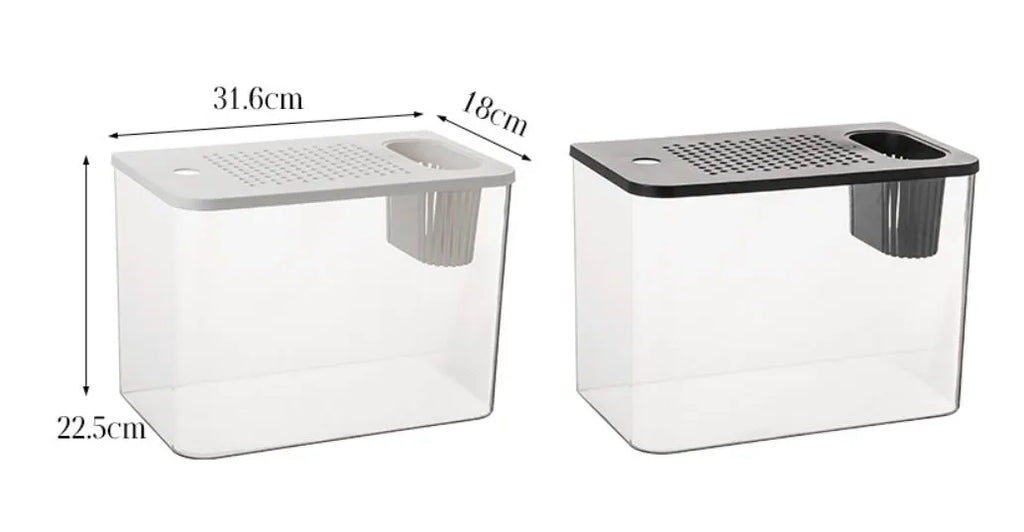 Medium plastic betta fish tank with cover in black and white colour options showing dimensions