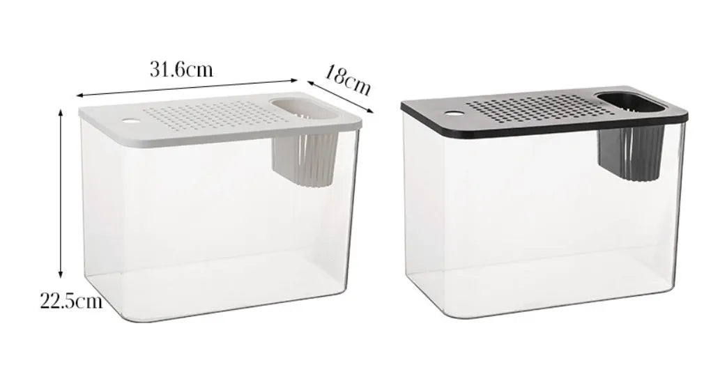 Medium plastic betta fish tank with cover in black and white colour options showing dimensions