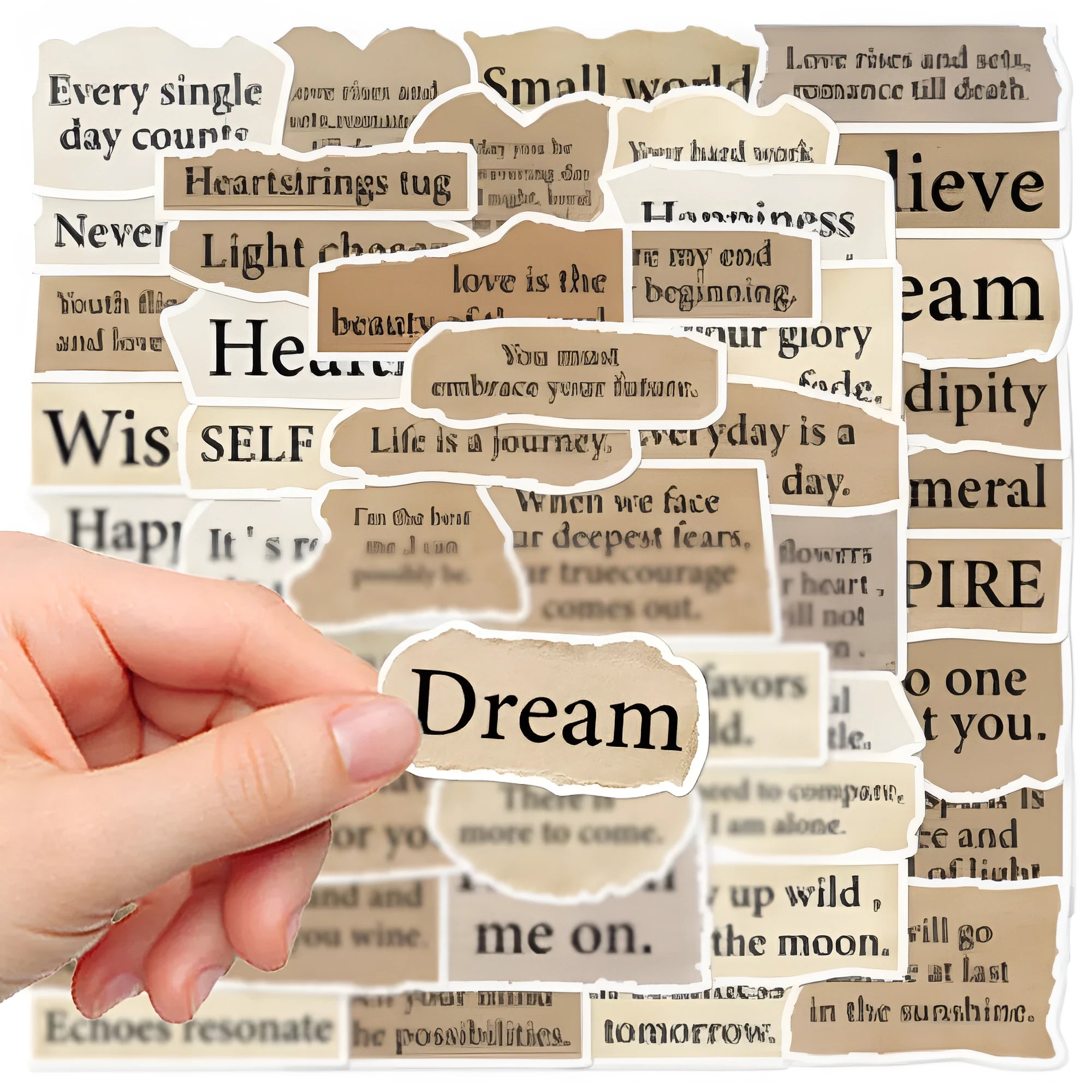 Torn English decorative stickers in waterproof PVC material sized 4-7 cm