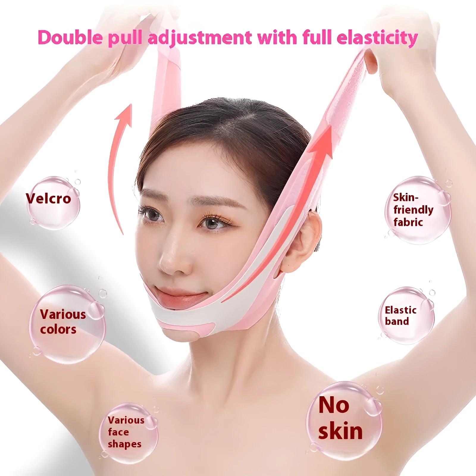 Elastic V-shaped face bandage for facial care available in pink and black colour options