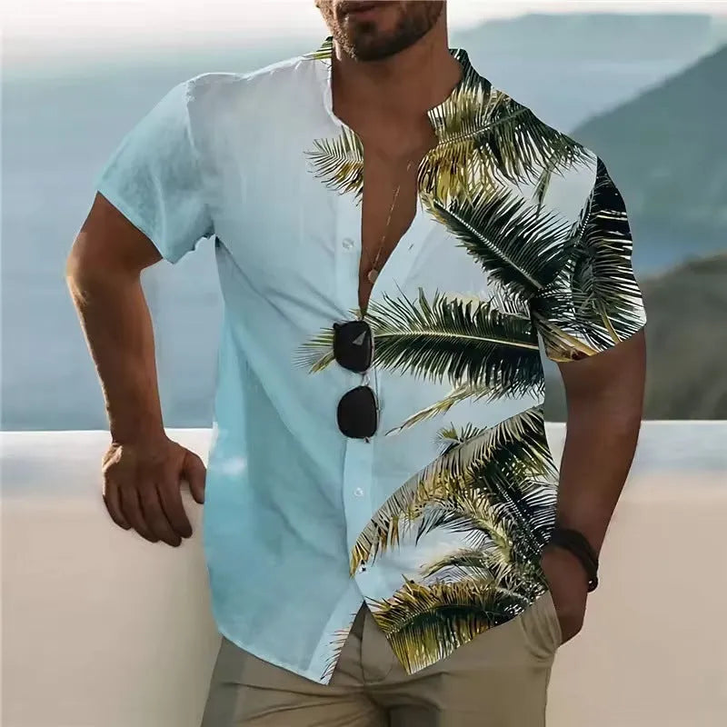 Men's floral print short sleeve shirt with loose cardigan fit in polyester fabric