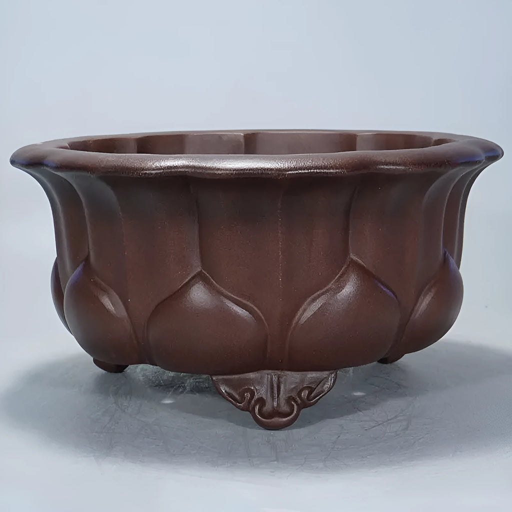 Square purple sand flower pot with petal basin edge in antique Chinese style, 37cm wide.