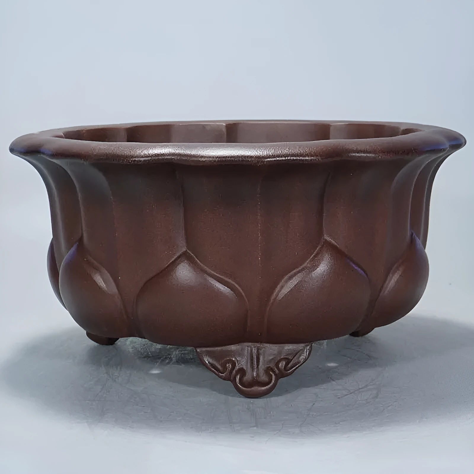 Square purple sand flower pot with petal basin edge in antique Chinese style, 37cm wide.