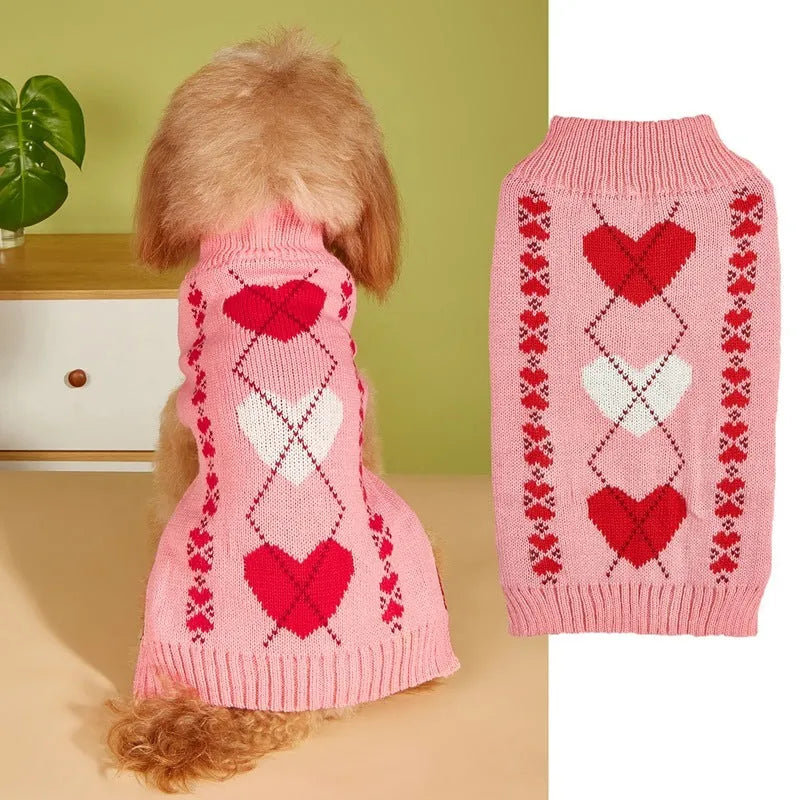 Red love heart and pink bow design dog jumper for small breed indoor wear
