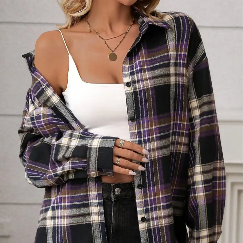 A women's loose-fitting plaid shirt in cotton, shown in black, green, and purple colour options.