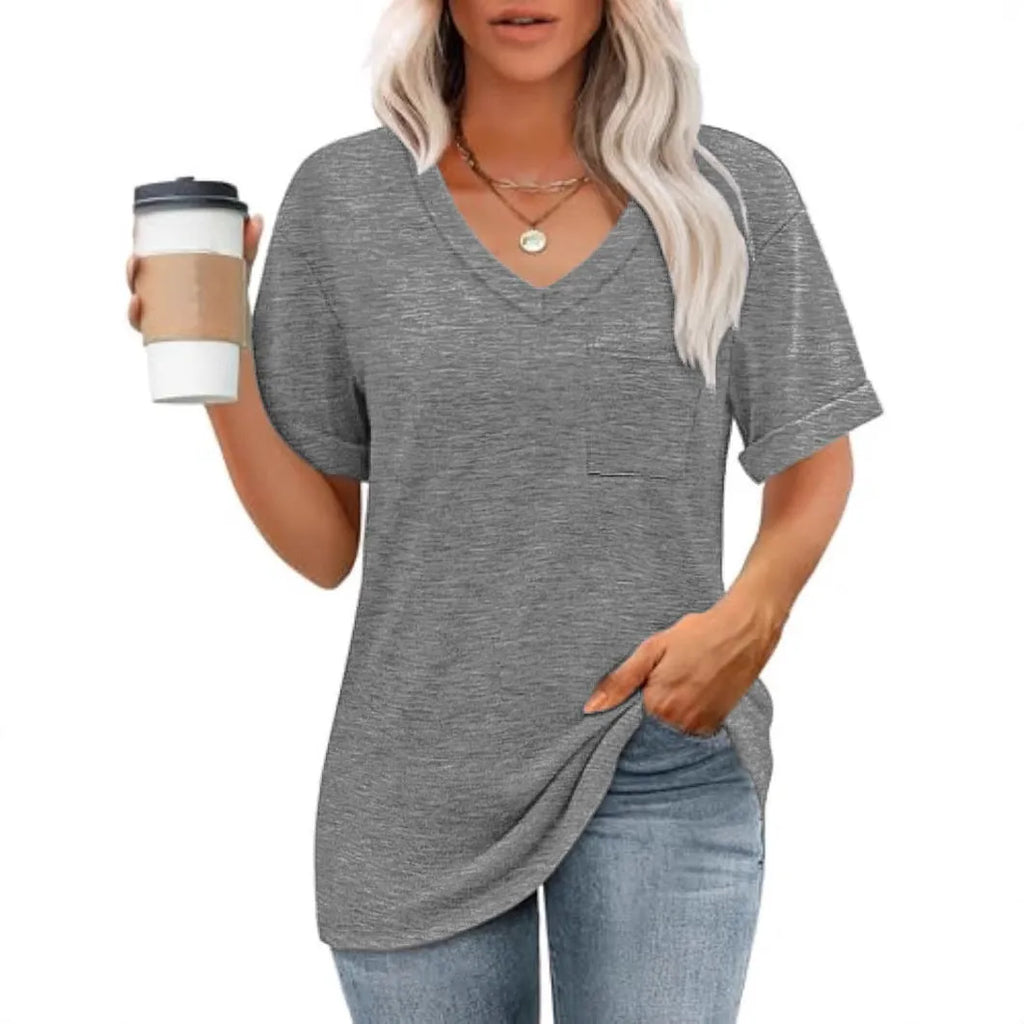 Grey loose-fit V-neck t-shirt with a chest pocket on a hanger.