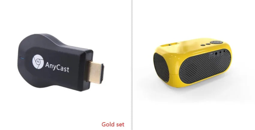 M24 micro mini projector in gold or white with power adapter and AV cable