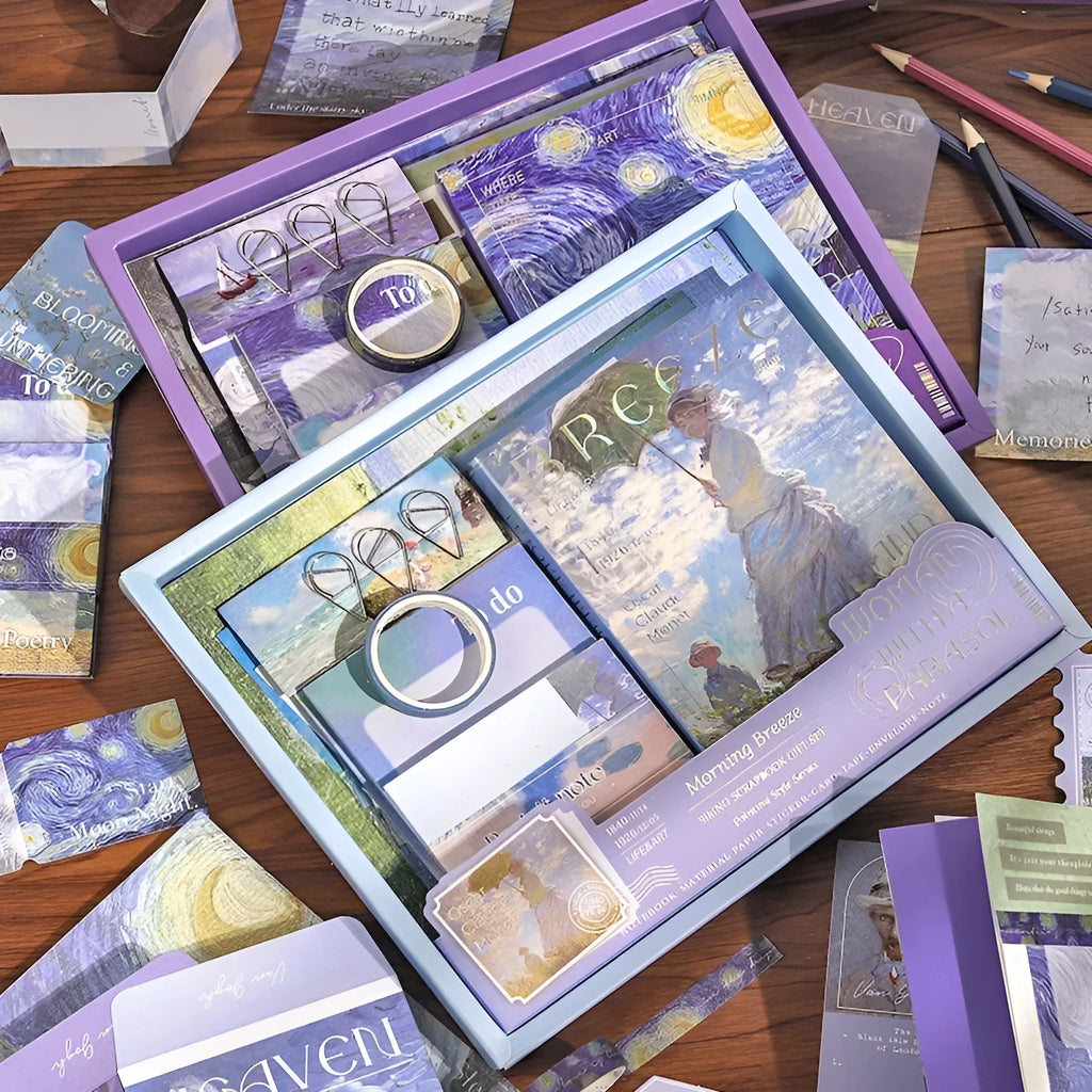 Creative A6 journal gift set with grid notebook, cards, paper photo frames, stickers, and stationery in retro plaid design