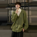 Men's army green loose fit v-neck cotton blend cardigan on a hanger