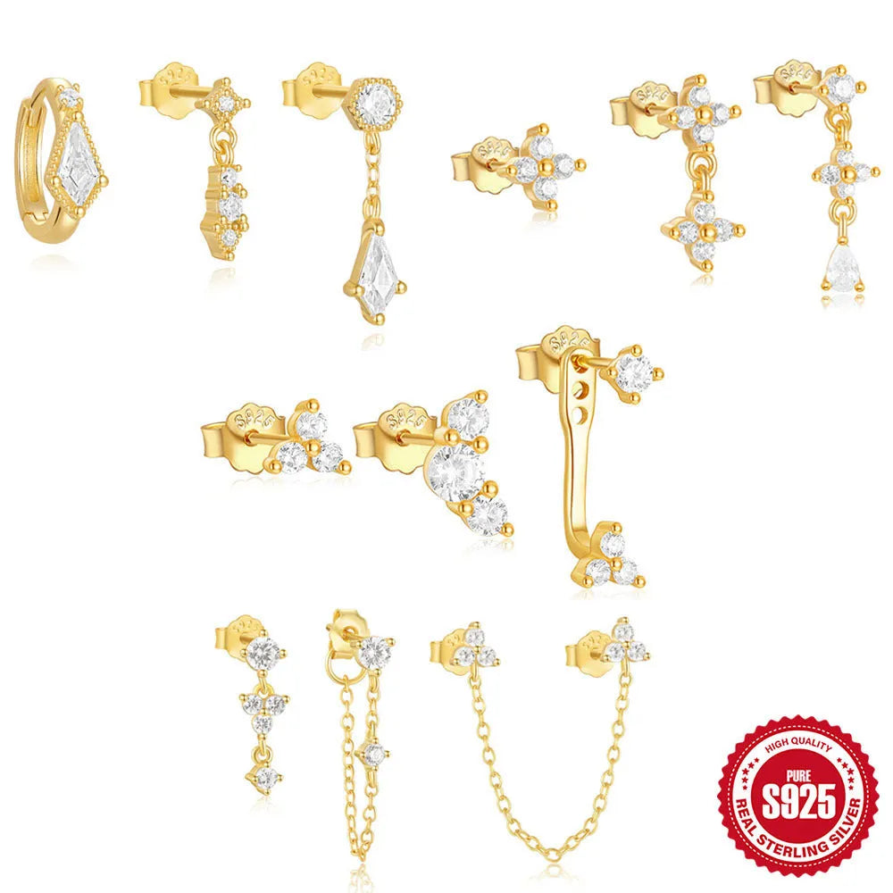S925 sterling silver geometric tassel earrings set with three pairs in gold colour variations