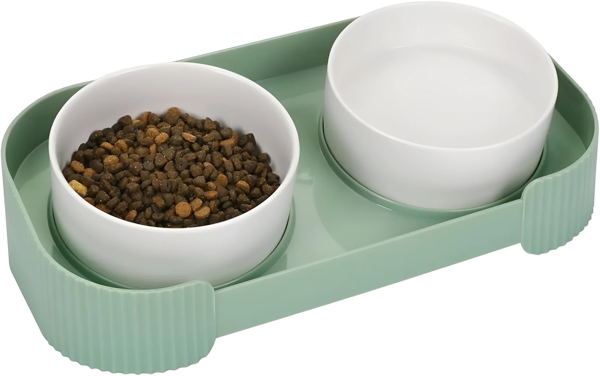 Ceramic elevated cat bowls set with green bowls on tilted stand