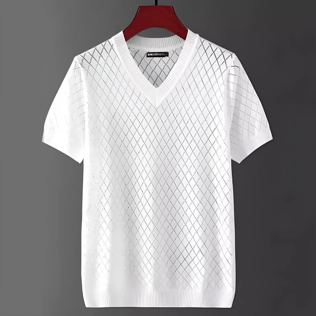 Men's Black and White Korean style ice silk t-shirt showing V-neck and round neck options.
