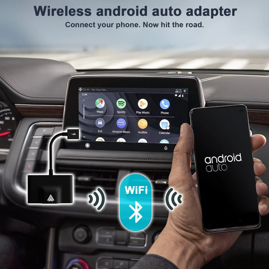 Original Car Wireless Android Auto Adaptor converting USB to wireless for Android phones in vehicles with CarPlay.