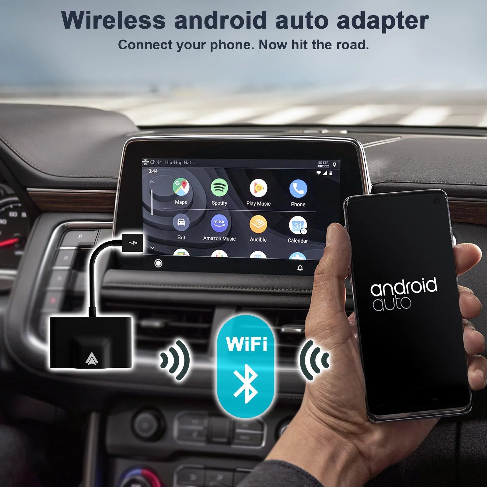 Original Car Wireless Android Auto Adaptor converting USB to wireless for Android phones in vehicles with CarPlay.