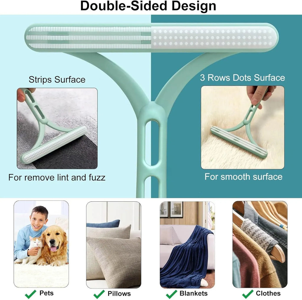 Three-piece pet hair remover set with metal tool, silicone brush, and round scraper on a beige fabric.