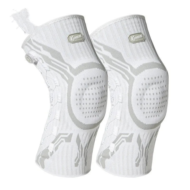 Grey and white sports knee pad with adjustable strap and silicone anti-slip strip for basketball and running.