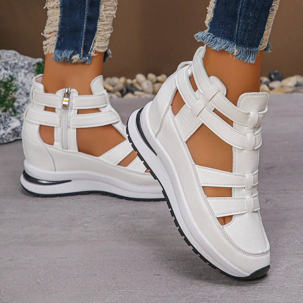 Women's black close-toed platform sandals with hollow-out design and Velcro fastening