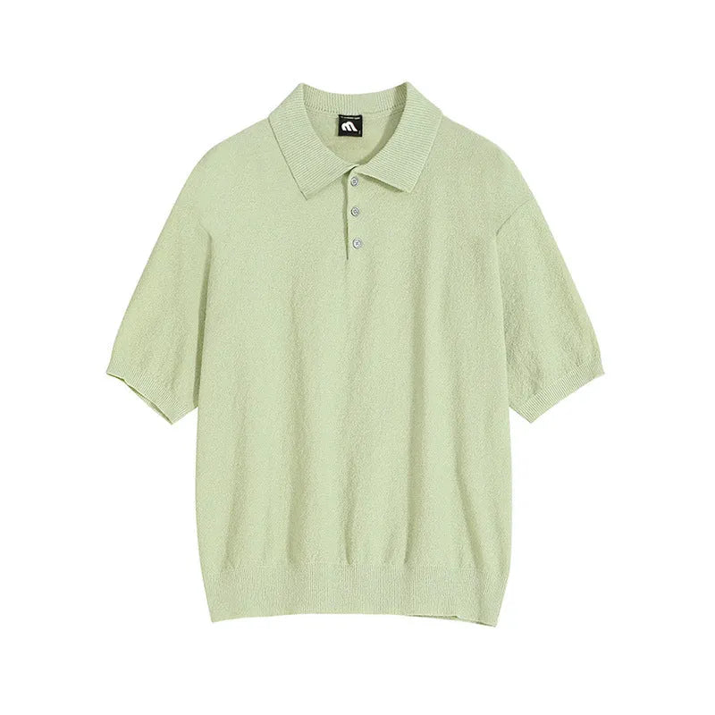 Men's caramel coloured loose-fit retro knitted polo shirt with short sleeves and asymmetric detailing