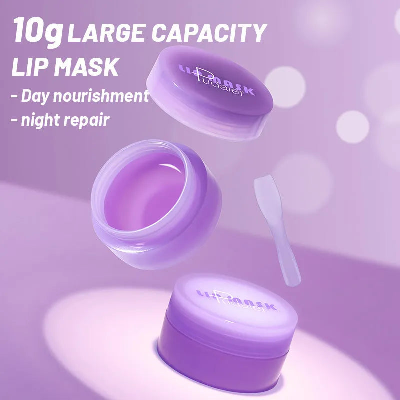 Box containing 10ml exfoliating lip balm tube, applicator, and a small scraper tool for lip treatment.