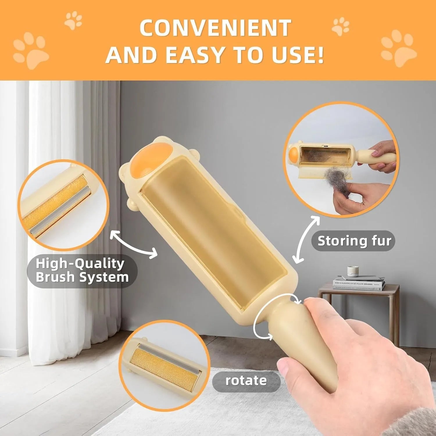 Blue reusable pet hair remover tool with self-cleaning base on a fabric sofa.
