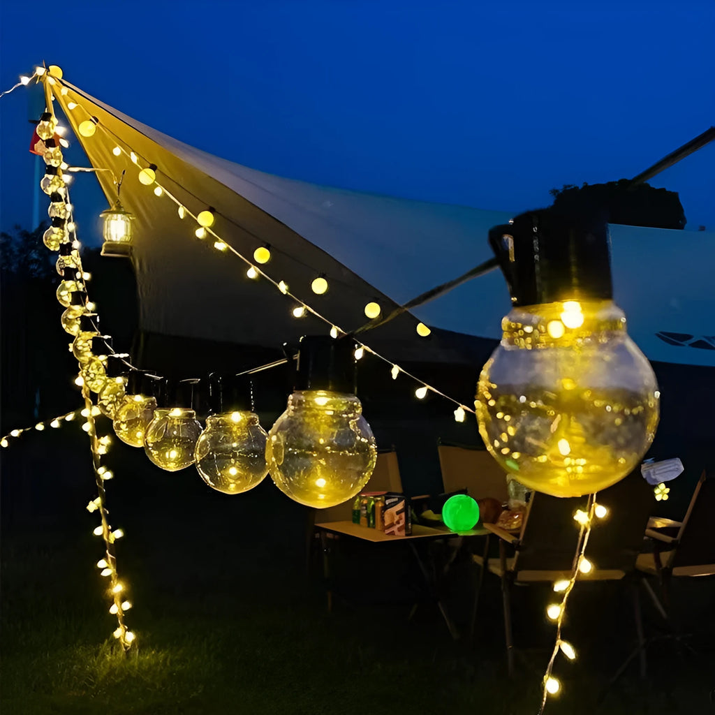 10-metre solar decorative festival light strand with 40 warm white LEDs on black copper wire