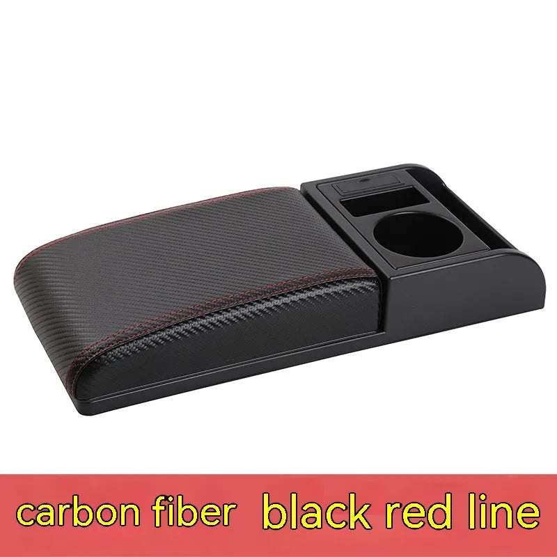Universal plastic car armrest cover shown in black with red cord pattern on a car centre console.