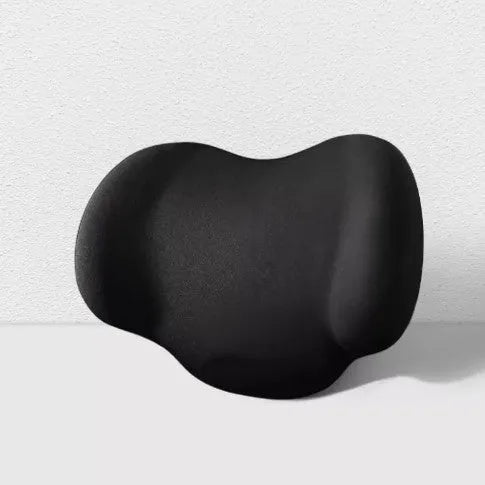 Black memory foam car headrest cushion and lumbar back support cushion set on a car seat.