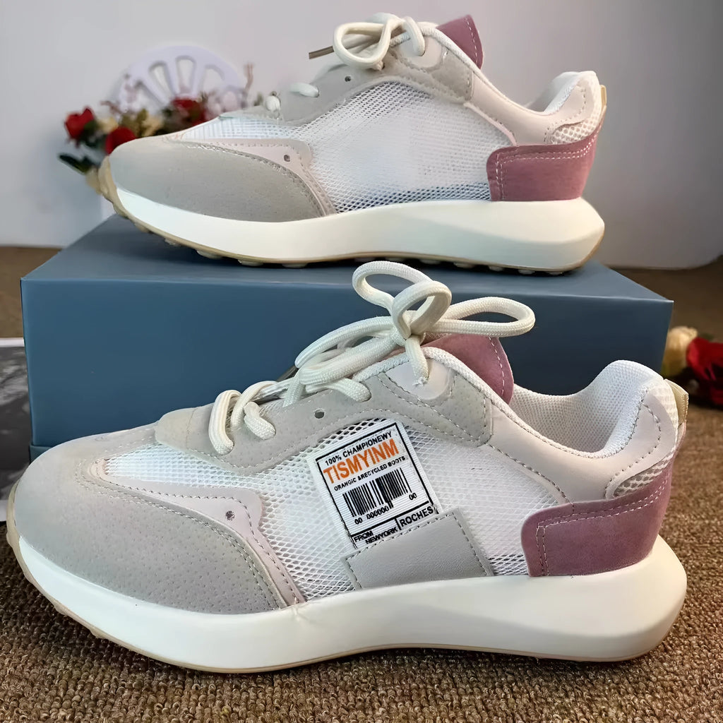 Women's grey and pink retro sneakers with low-top flat heel design and mesh lining