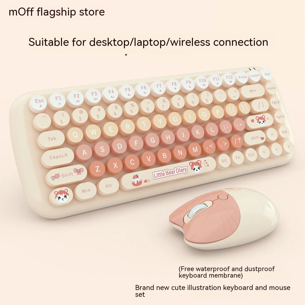 CANDY pink wireless cartoon keyboard and mouse set with receiver on a desk