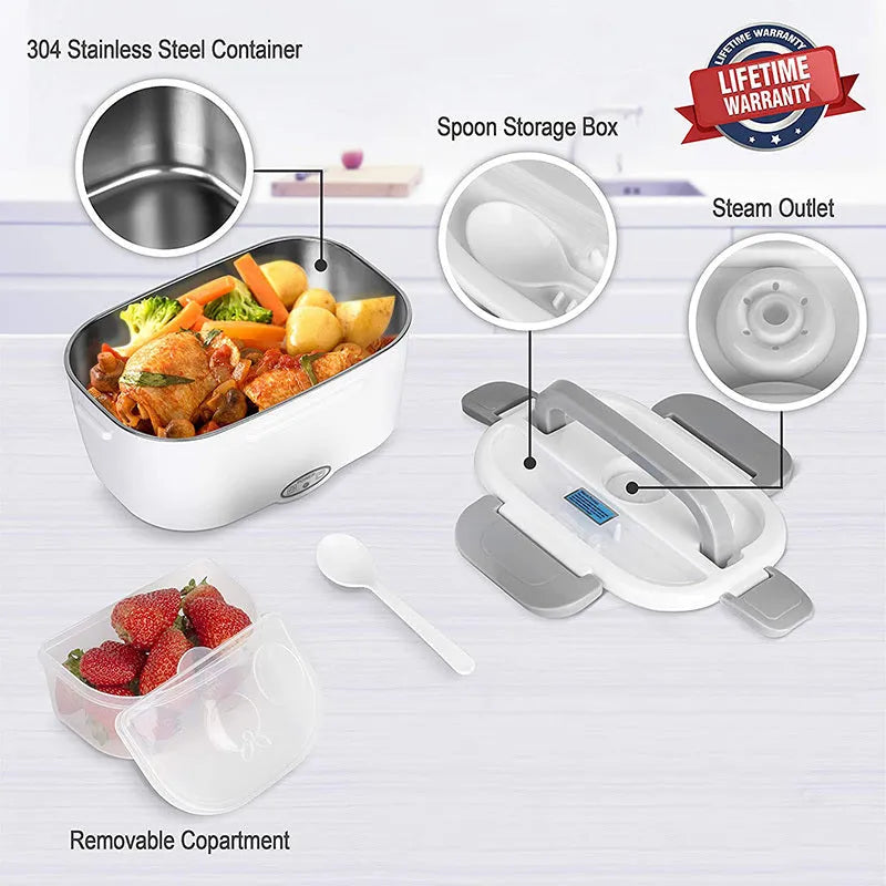 Grey dual-purpose electric lunch box with plug showing compact 170x108x238mm dimensions