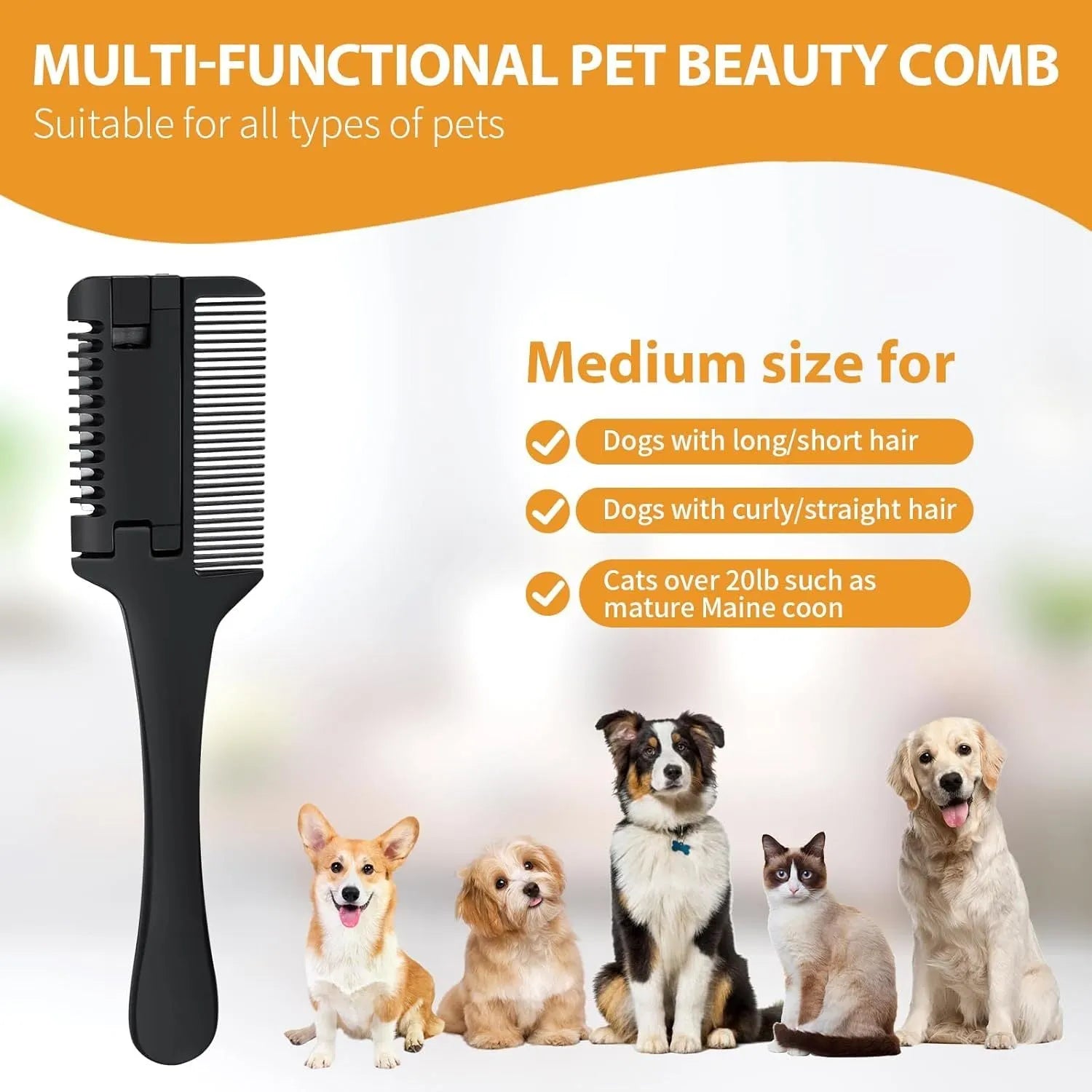 Silver aluminium pet razor comb with comb teeth and trimming blade for dog and cat grooming