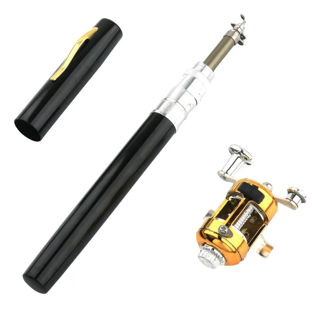 Portable telescopic fishing rod and drum kit in aluminium case, colours include gold, black, silver, red, blue, purple.