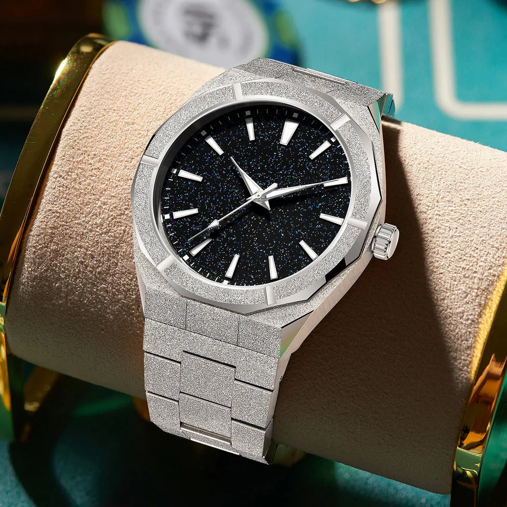 Men's business watch with frosted stainless steel case and luminous hands in silver colour option