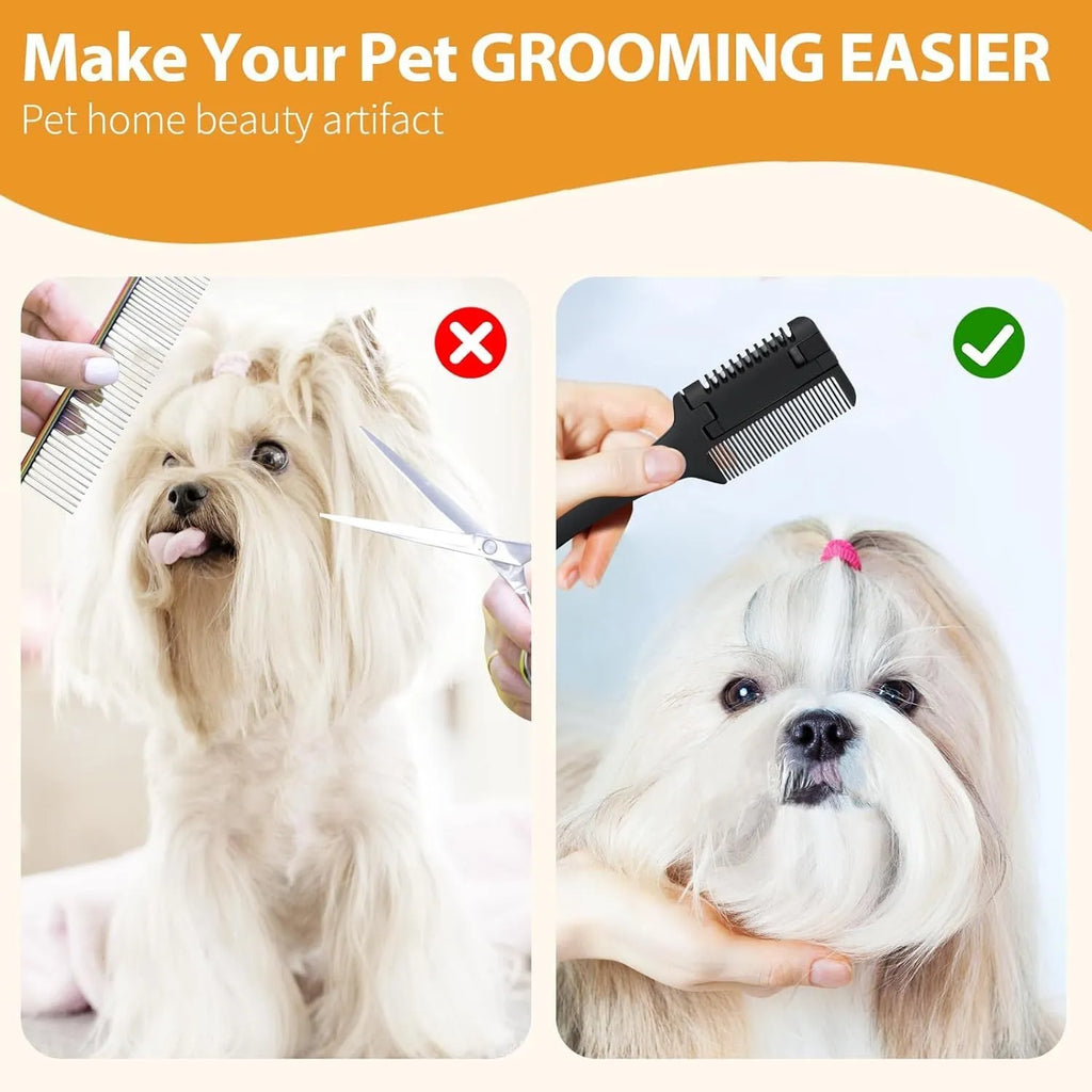 Silver aluminium pet razor comb with comb teeth and trimming blade for dog and cat grooming