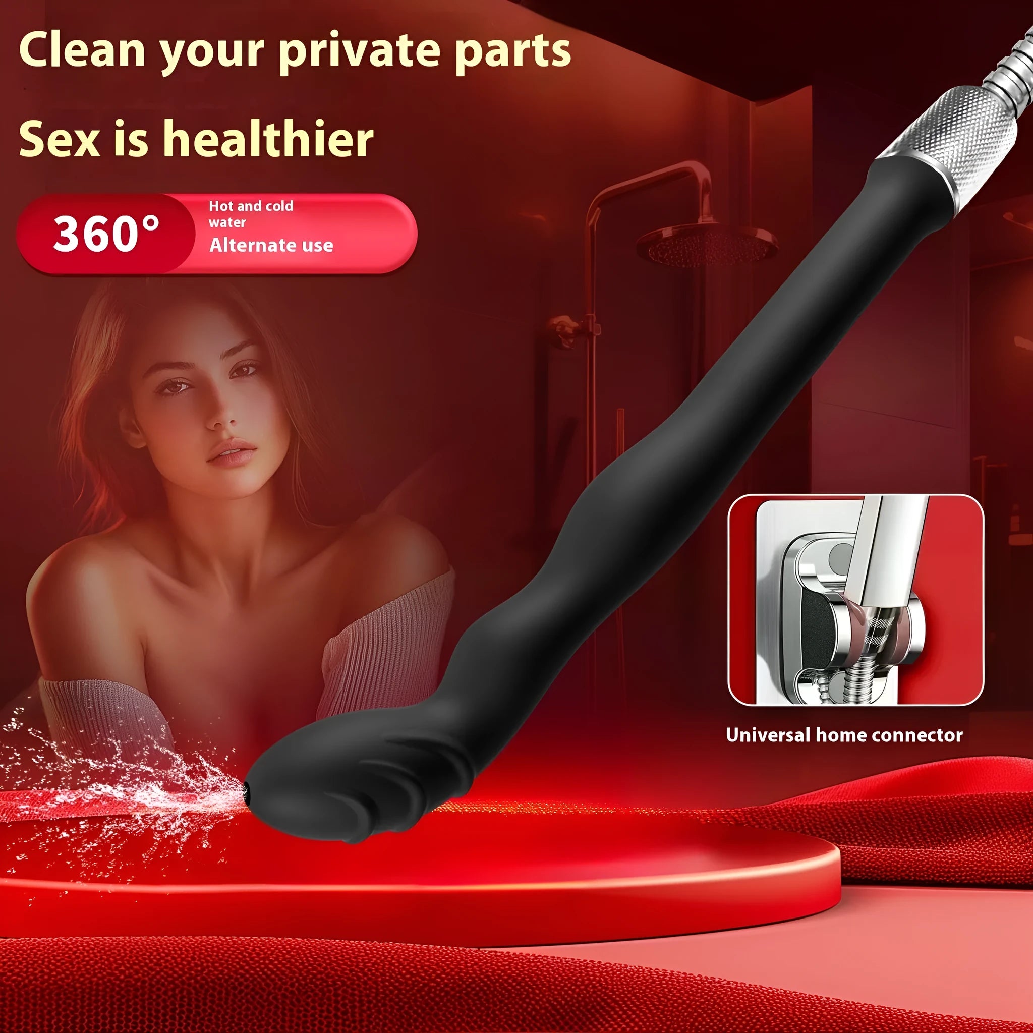 Black silicone hosepipe flusher for enema procedures, shown in large and small size options