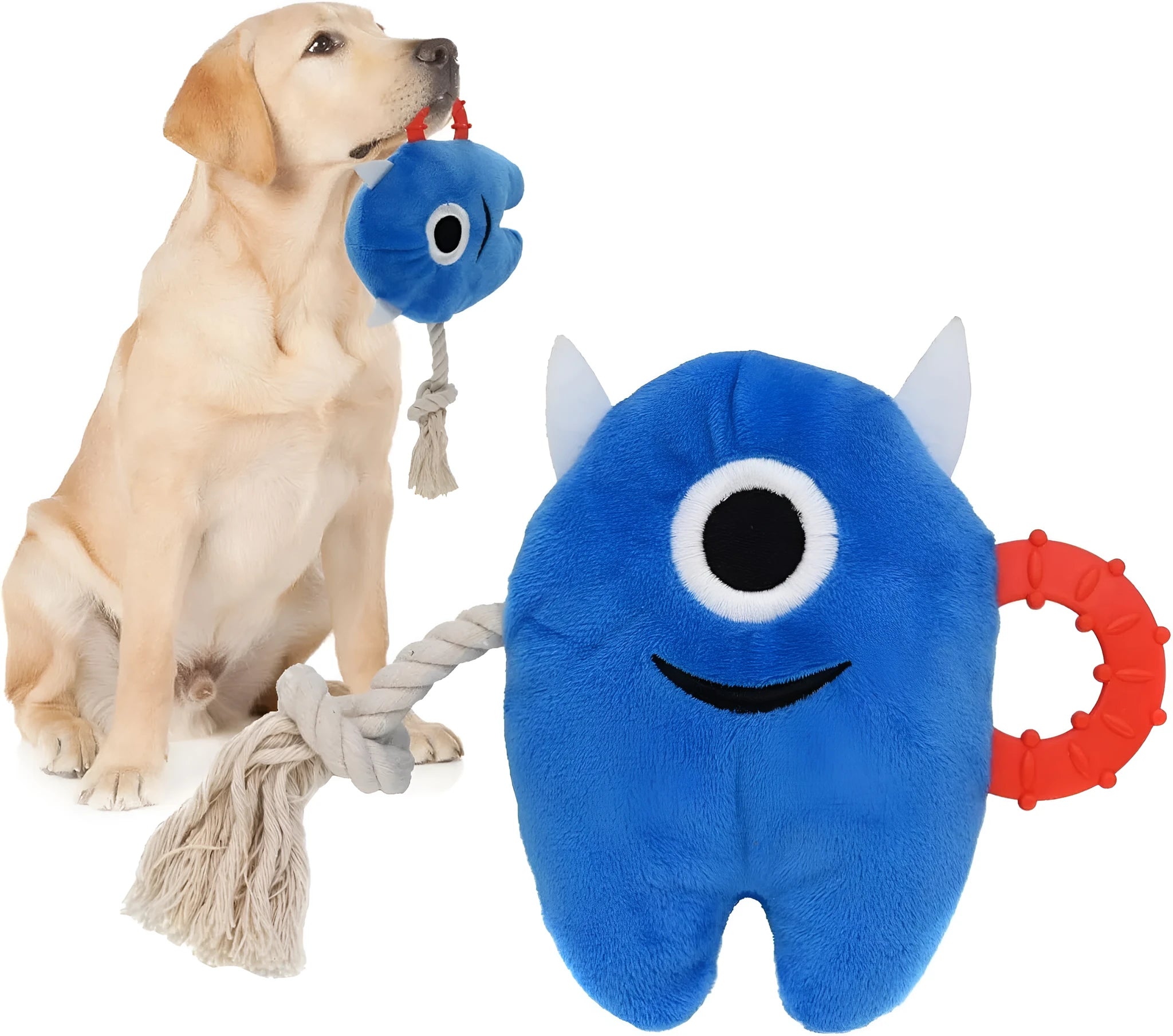 Blue and green plush dog toy with integrated cotton rope sections and a squeaker inside
