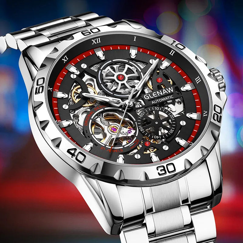 Men's double-sided skeleton automatic watch with luminous hands and stainless steel strap