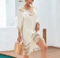 Women's apricot crocheted knitted patchwork beach dress with half sleeves and mid-length skirt