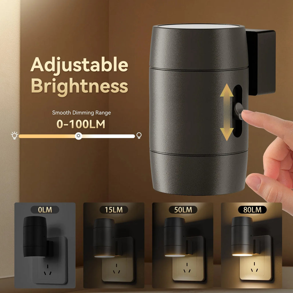 Plug-in night lamp with adjustable brightness dial and rotatable light head showing warm illumination